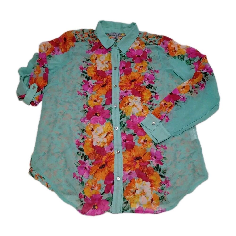 Figueroa & Flower Womens Large Floral Chiffon Blouse Mint Green Roll Tab Sleeve